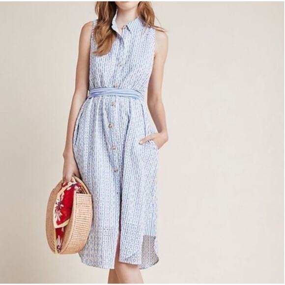 Anthropologie Kismet Shirt Dress Button Up Sleeveless Midi Eyelet Blue Stripe 2 - Picture 1 of 11